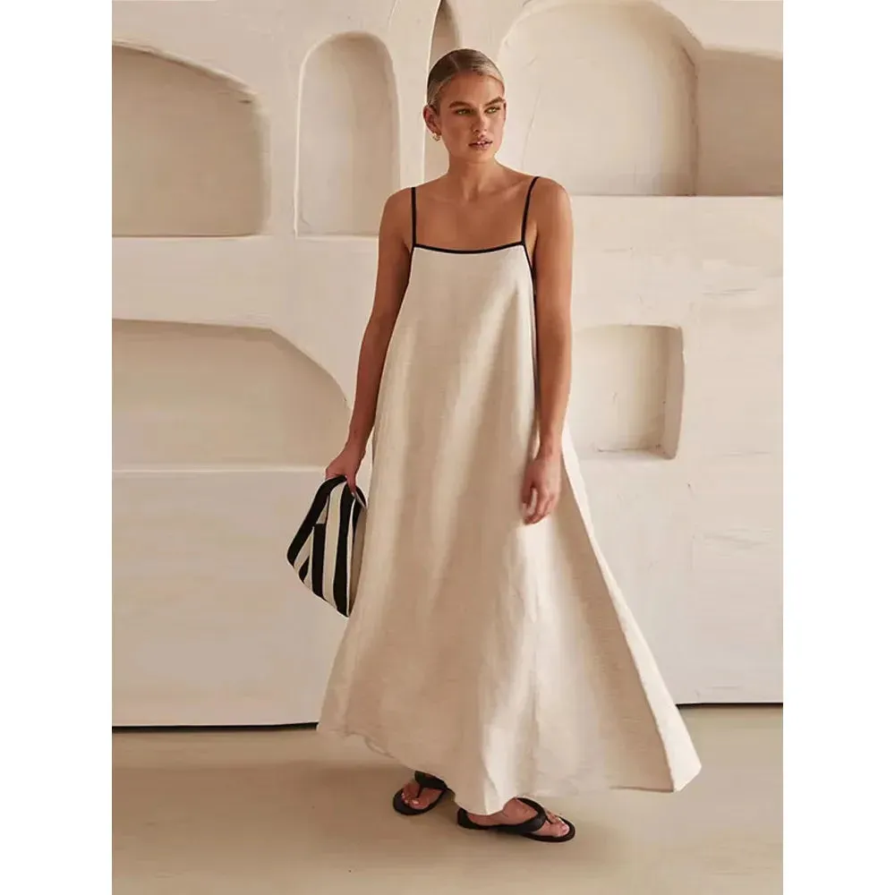 Cotton Linen Sling Women's Summer Sexy Backless Long Chic Maxi Dress