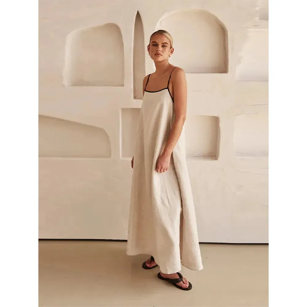 Cotton Linen Sling Women's Summer Sexy Backless Long Chic Maxi Dress