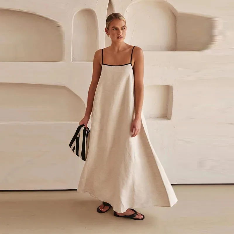 Cotton Linen Sling Women's Summer Sexy Backless Long Chic Maxi Dress