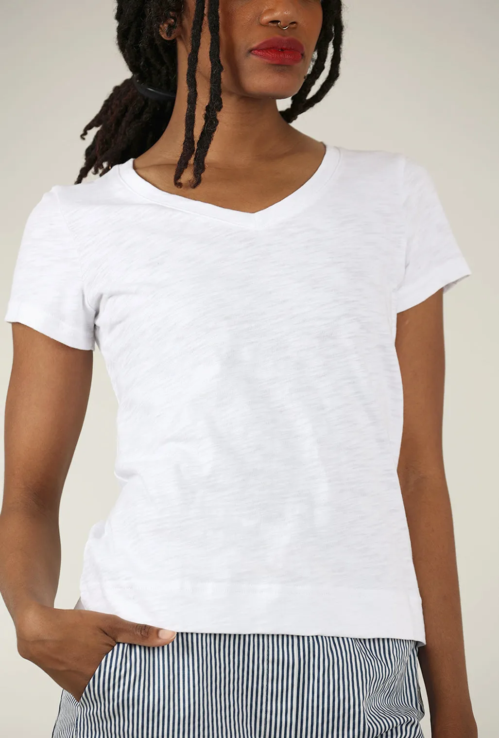 Cotton Slub V-Neck Tee, White