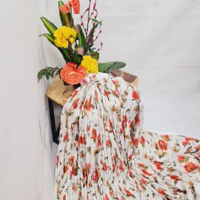 Cream Red Floral Print Pleated Satin Fabric