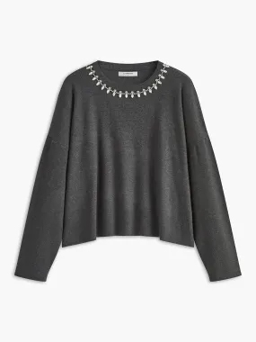 Crew-Neck Rhinestone Decor Shift Sweater