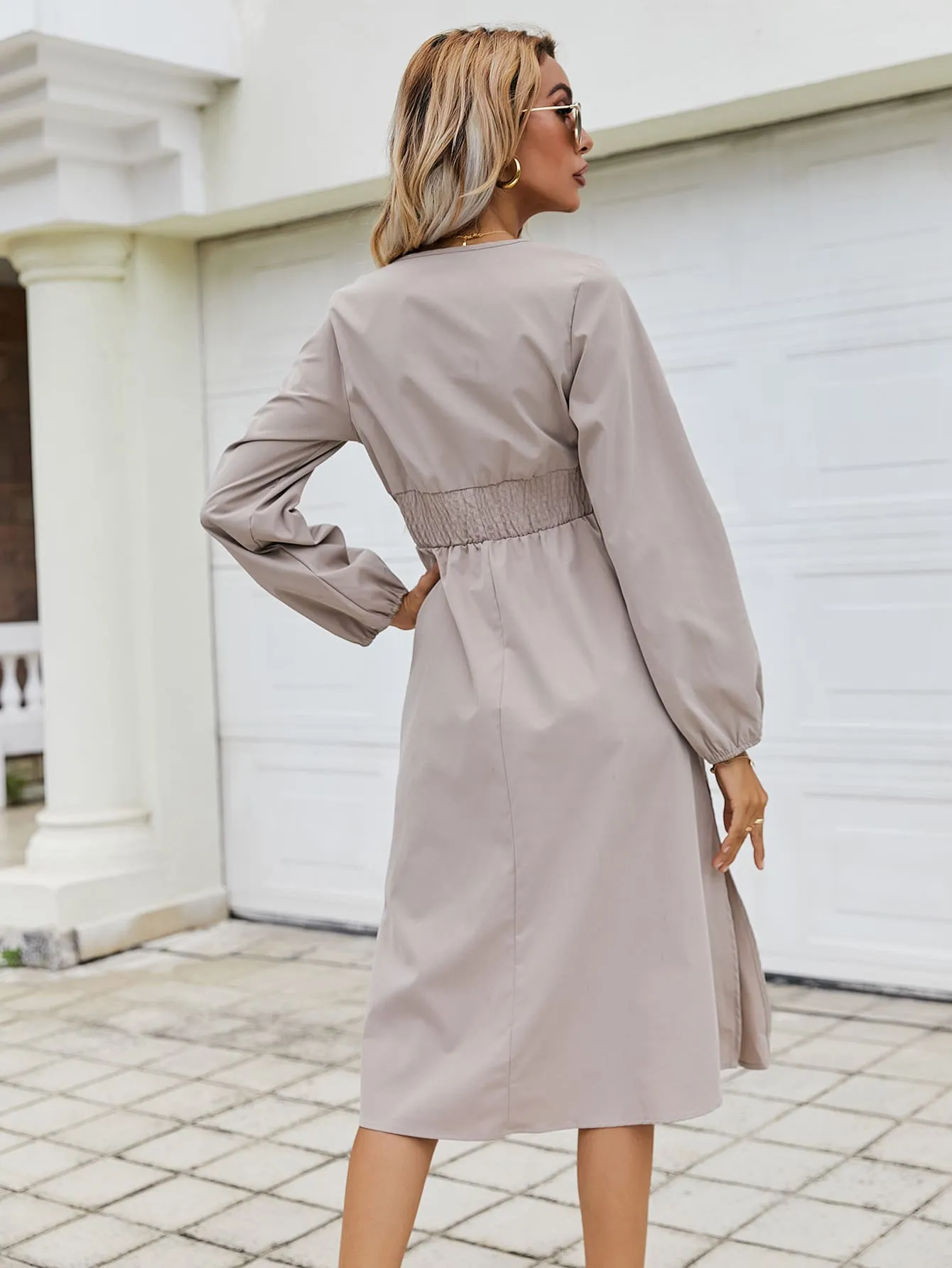 Elegant Plain Tie Front Long Sleeve V Neck Slit High Waist Midi Dress