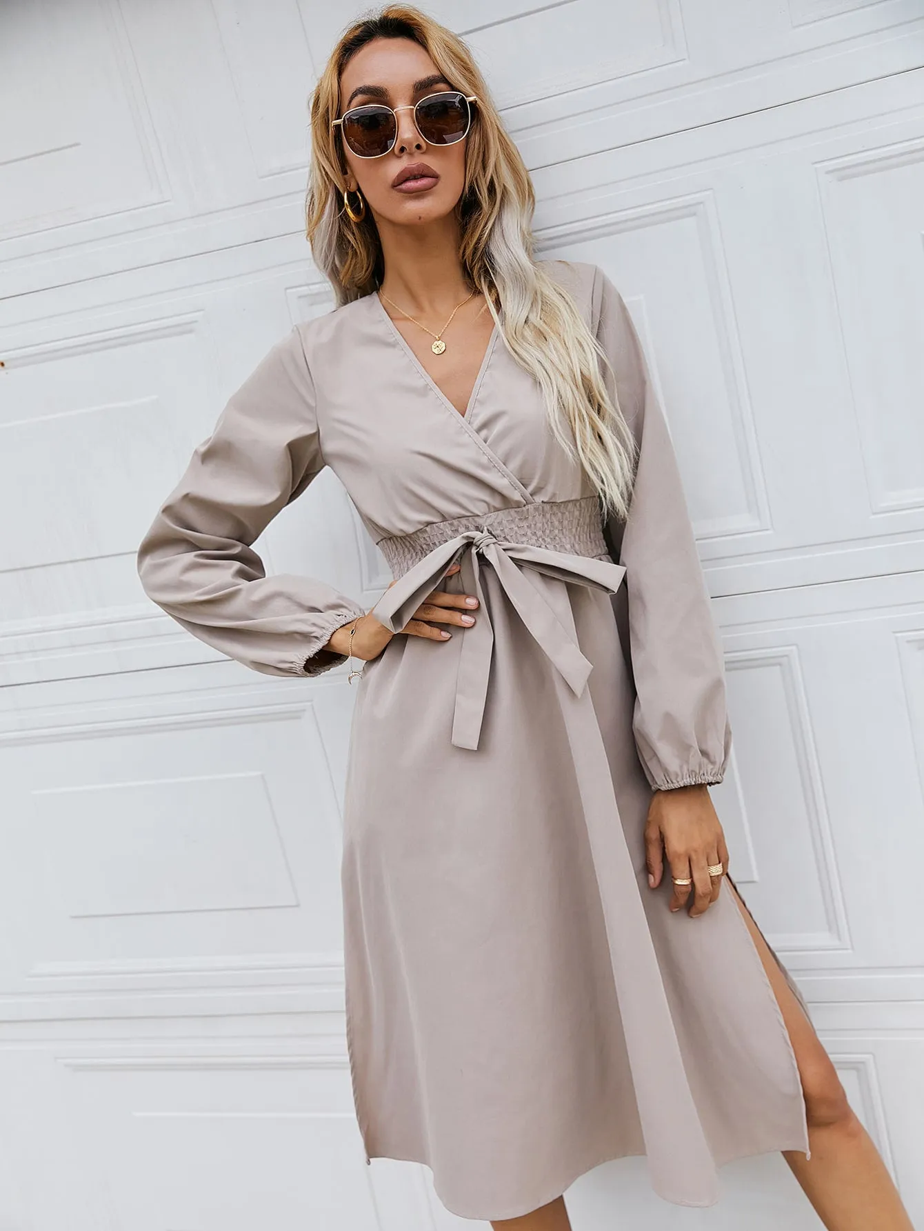 Elegant Plain Tie Front Long Sleeve V Neck Slit High Waist Midi Dress