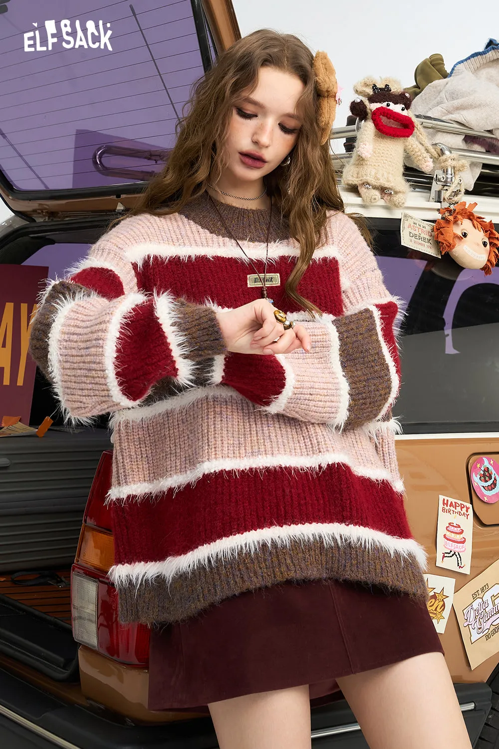 ELFSACK 2024 Winter New Arrivals Plush velvet contrasting striped pullover sweater for women, loose soft and sticky top