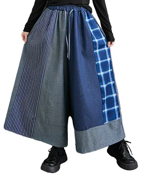 ellazhu Women's Pants Wide Legs String Plaid Drawstring Oversize Loose Patchwork Pockets Trouser Fall GZ240 Blue