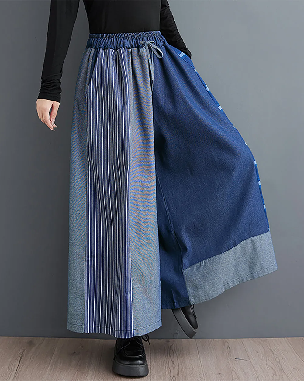ellazhu Women's Pants Wide Legs String Plaid Drawstring Oversize Loose Patchwork Pockets Trouser Fall GZ240 Blue