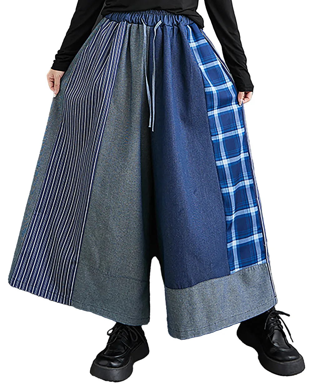 ellazhu Women's Pants Wide Legs String Plaid Drawstring Oversize Loose Patchwork Pockets Trouser Fall GZ240 Blue