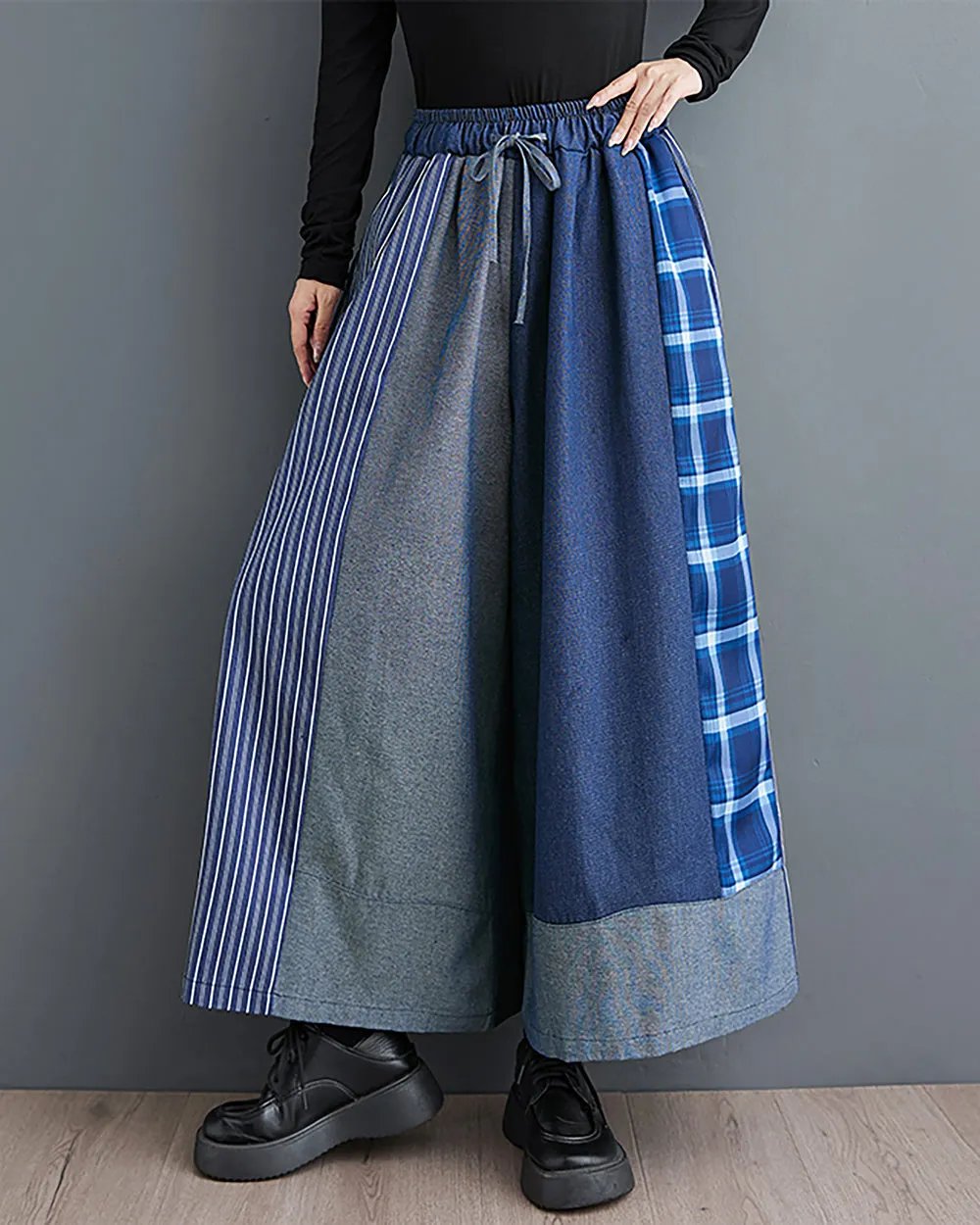 ellazhu Women's Pants Wide Legs String Plaid Drawstring Oversize Loose Patchwork Pockets Trouser Fall GZ240 Blue
