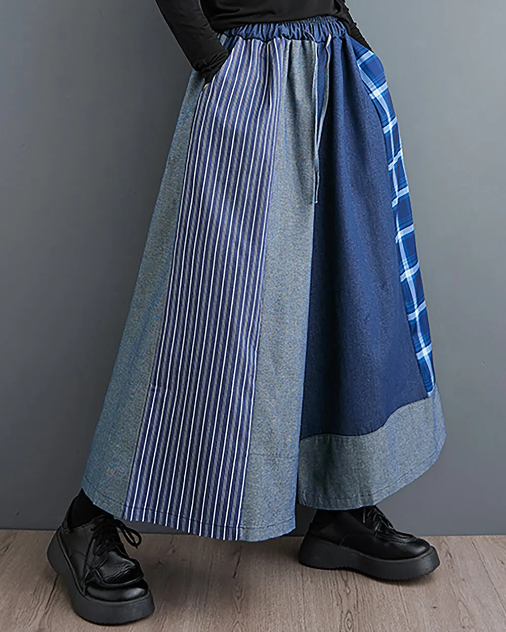 ellazhu Women's Pants Wide Legs String Plaid Drawstring Oversize Loose Patchwork Pockets Trouser Fall GZ240 Blue