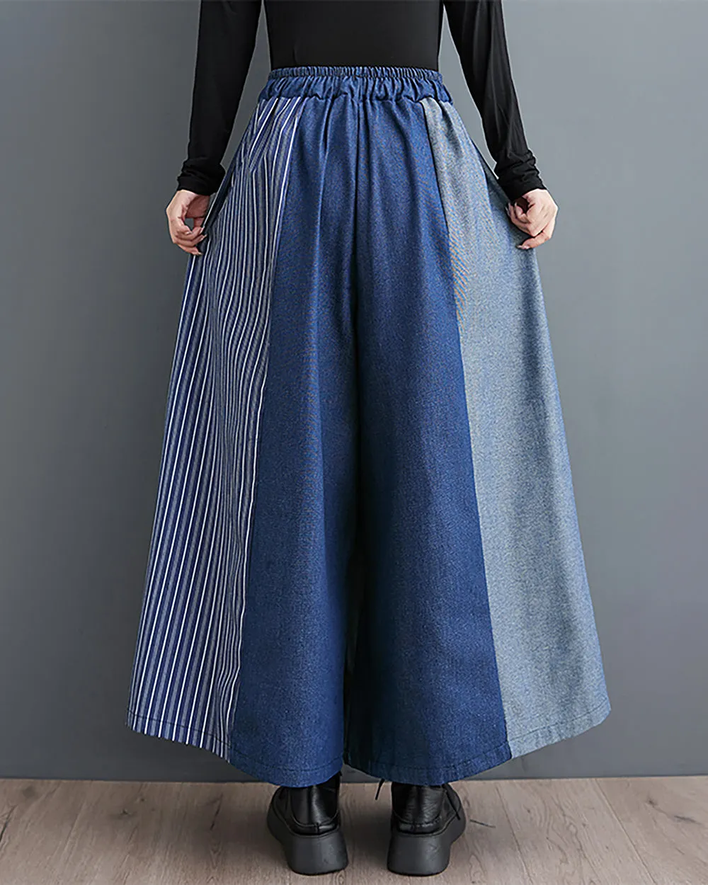 ellazhu Women's Pants Wide Legs String Plaid Drawstring Oversize Loose Patchwork Pockets Trouser Fall GZ240 Blue