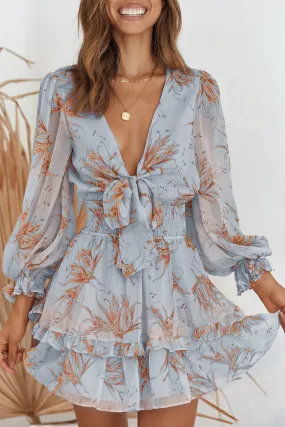 Green/Sky Blue/Pink Deep V Neck Lantern Sleeve Knotted Tiered Mini Dress