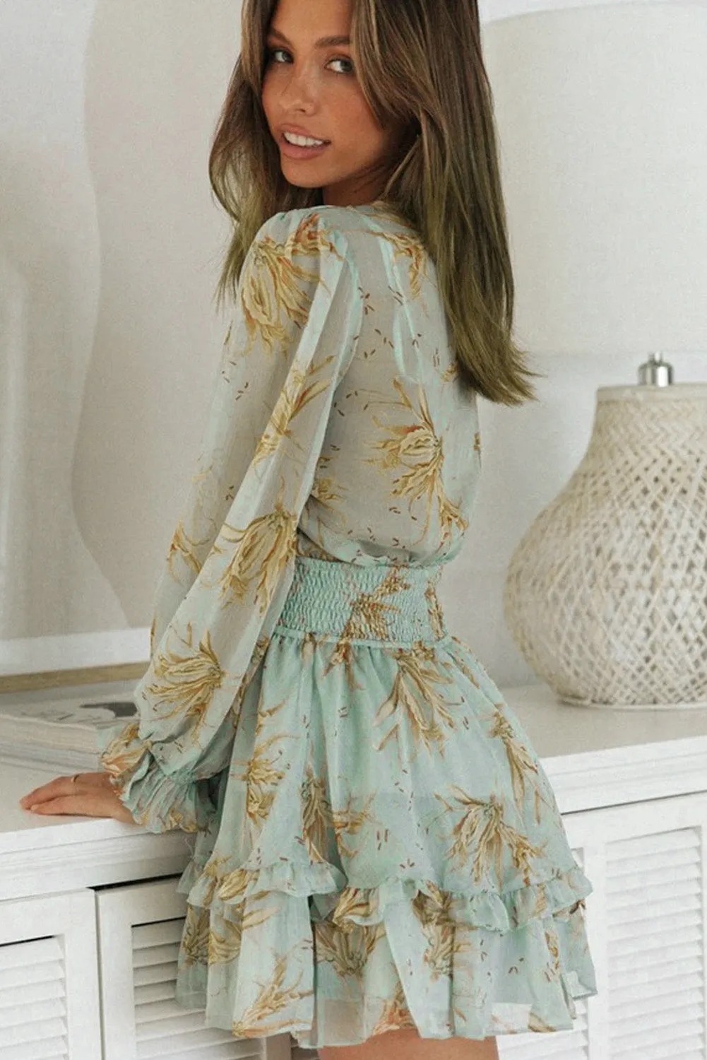 Green/Sky Blue/Pink Deep V Neck Lantern Sleeve Knotted Tiered Mini Dress