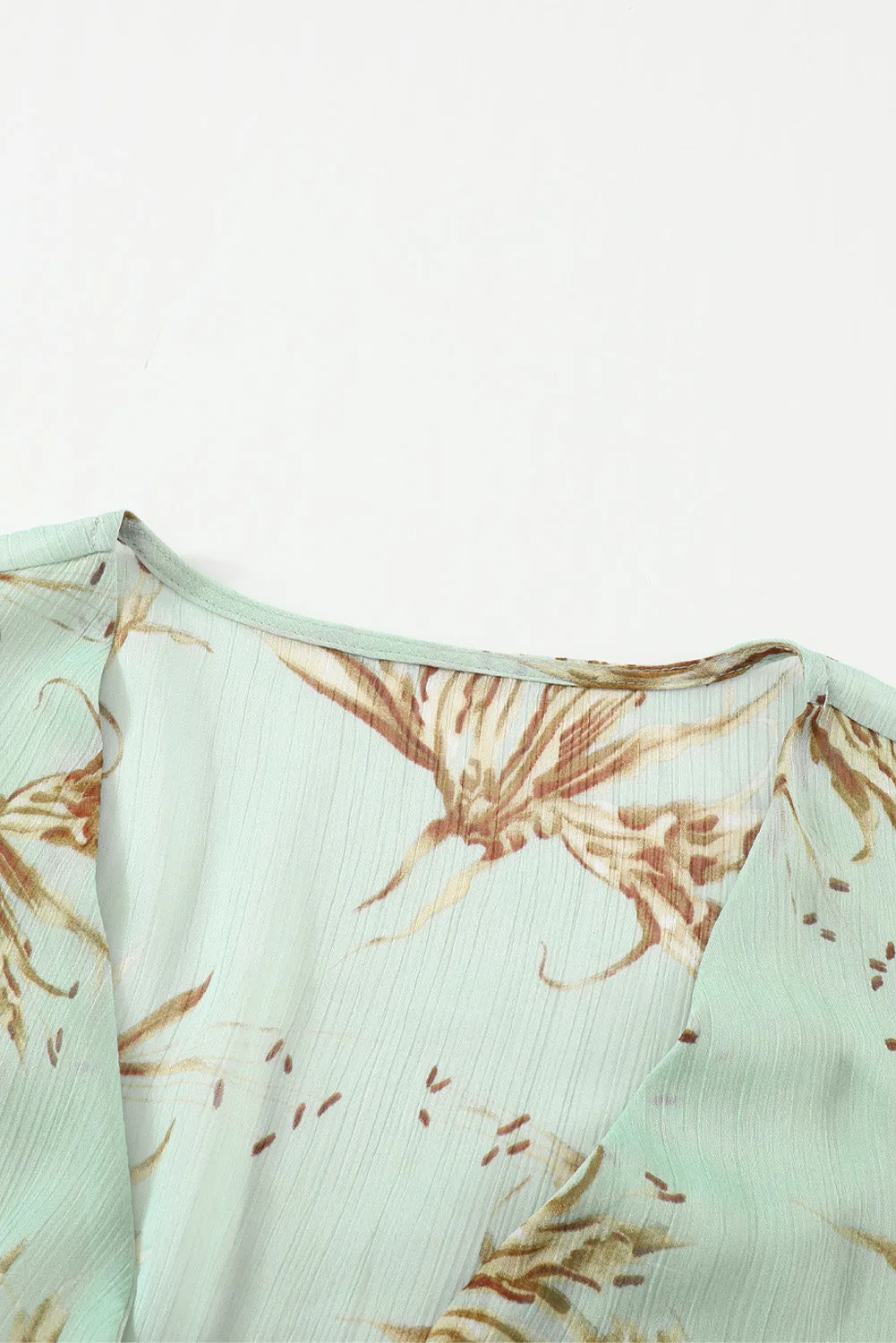 Green/Sky Blue/Pink Deep V Neck Lantern Sleeve Knotted Tiered Mini Dress