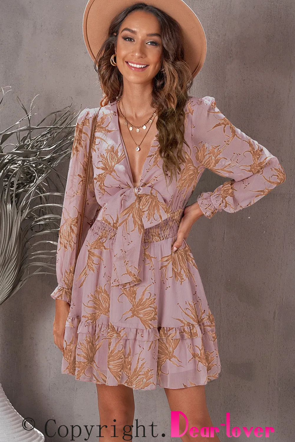 Green/Sky Blue/Pink Deep V Neck Lantern Sleeve Knotted Tiered Mini Dress