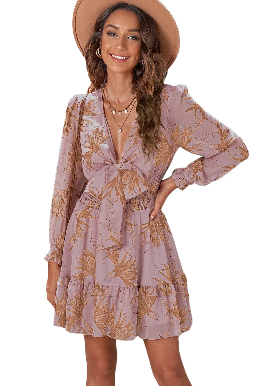 Green/Sky Blue/Pink Deep V Neck Lantern Sleeve Knotted Tiered Mini Dress