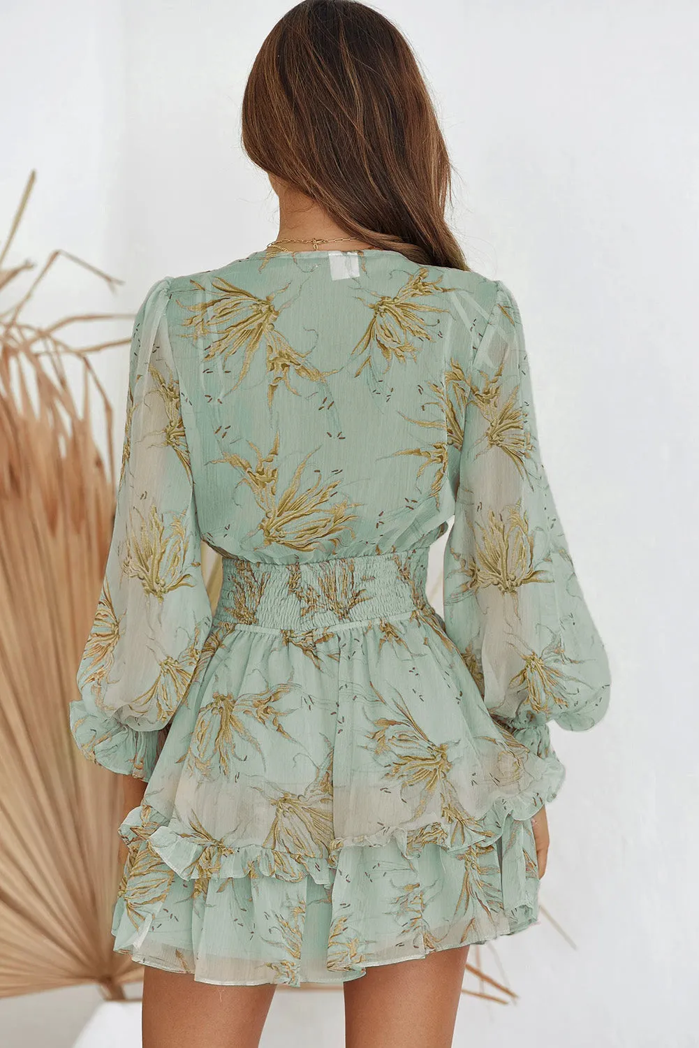 Green/Sky Blue/Pink Deep V Neck Lantern Sleeve Knotted Tiered Mini Dress