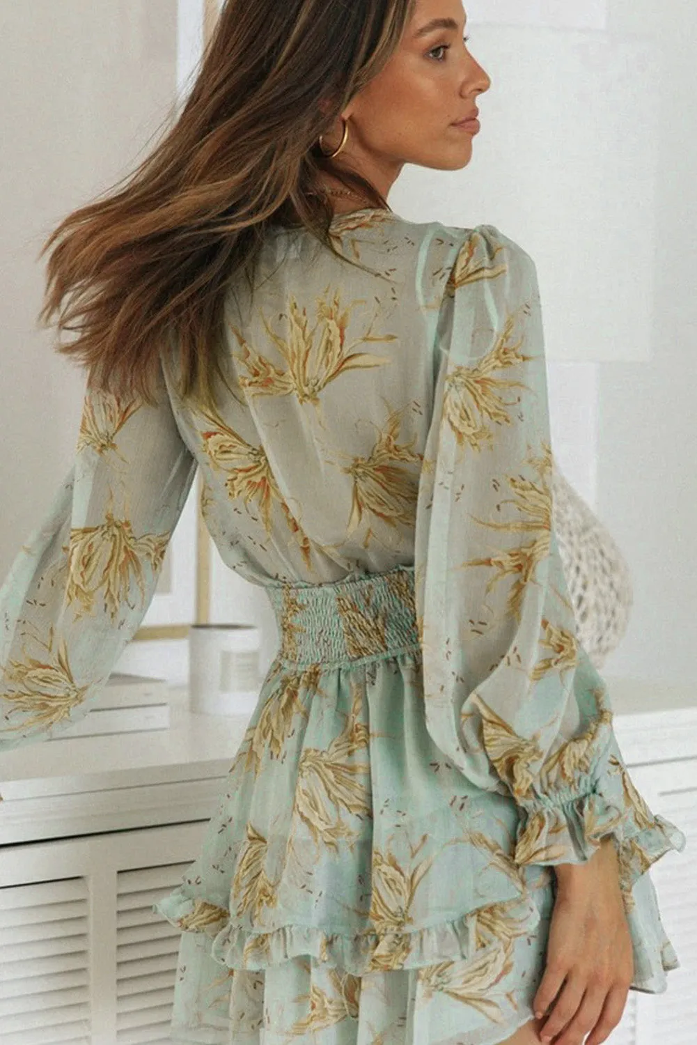 Green/Sky Blue/Pink Deep V Neck Lantern Sleeve Knotted Tiered Mini Dress