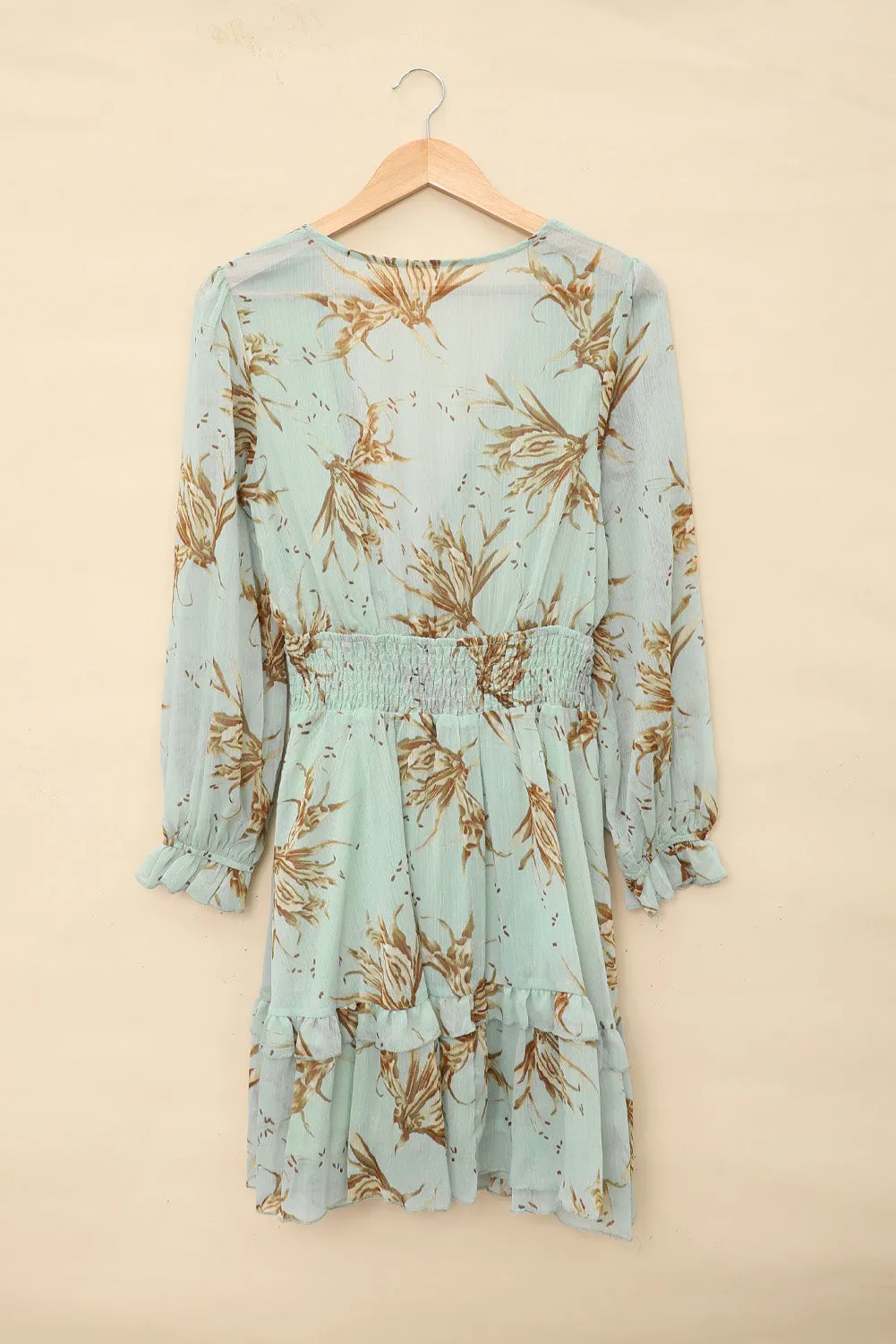 Green/Sky Blue/Pink Deep V Neck Lantern Sleeve Knotted Tiered Mini Dress