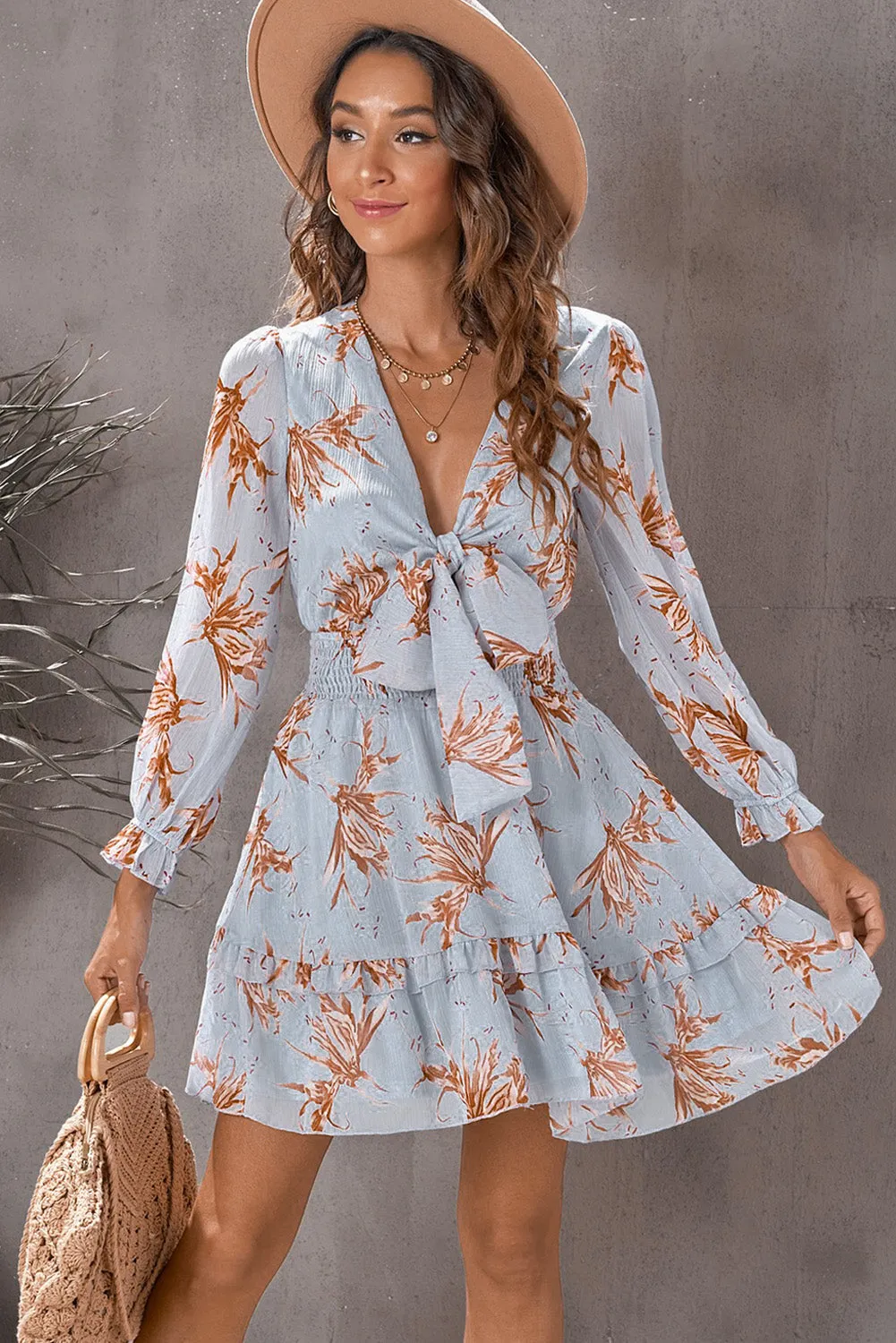 Green/Sky Blue/Pink Deep V Neck Lantern Sleeve Knotted Tiered Mini Dress