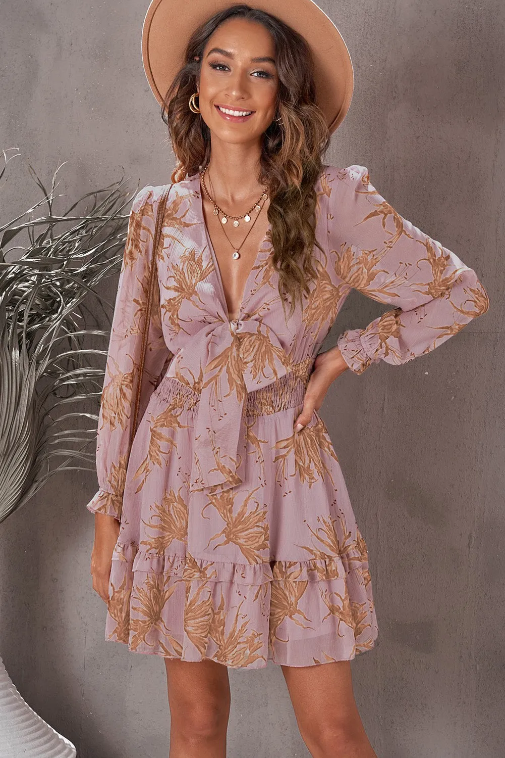Green/Sky Blue/Pink Deep V Neck Lantern Sleeve Knotted Tiered Mini Dress