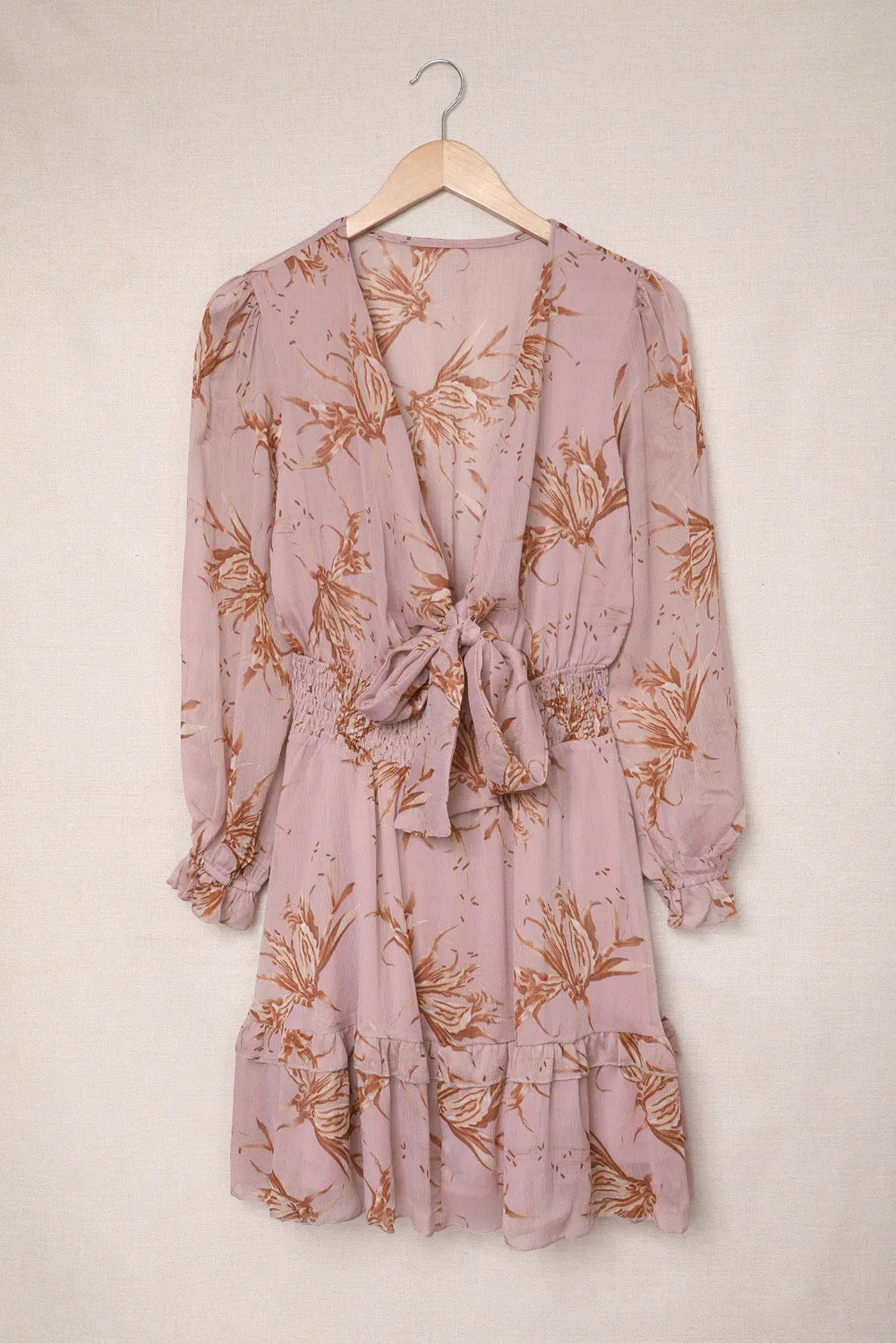Green/Sky Blue/Pink Deep V Neck Lantern Sleeve Knotted Tiered Mini Dress