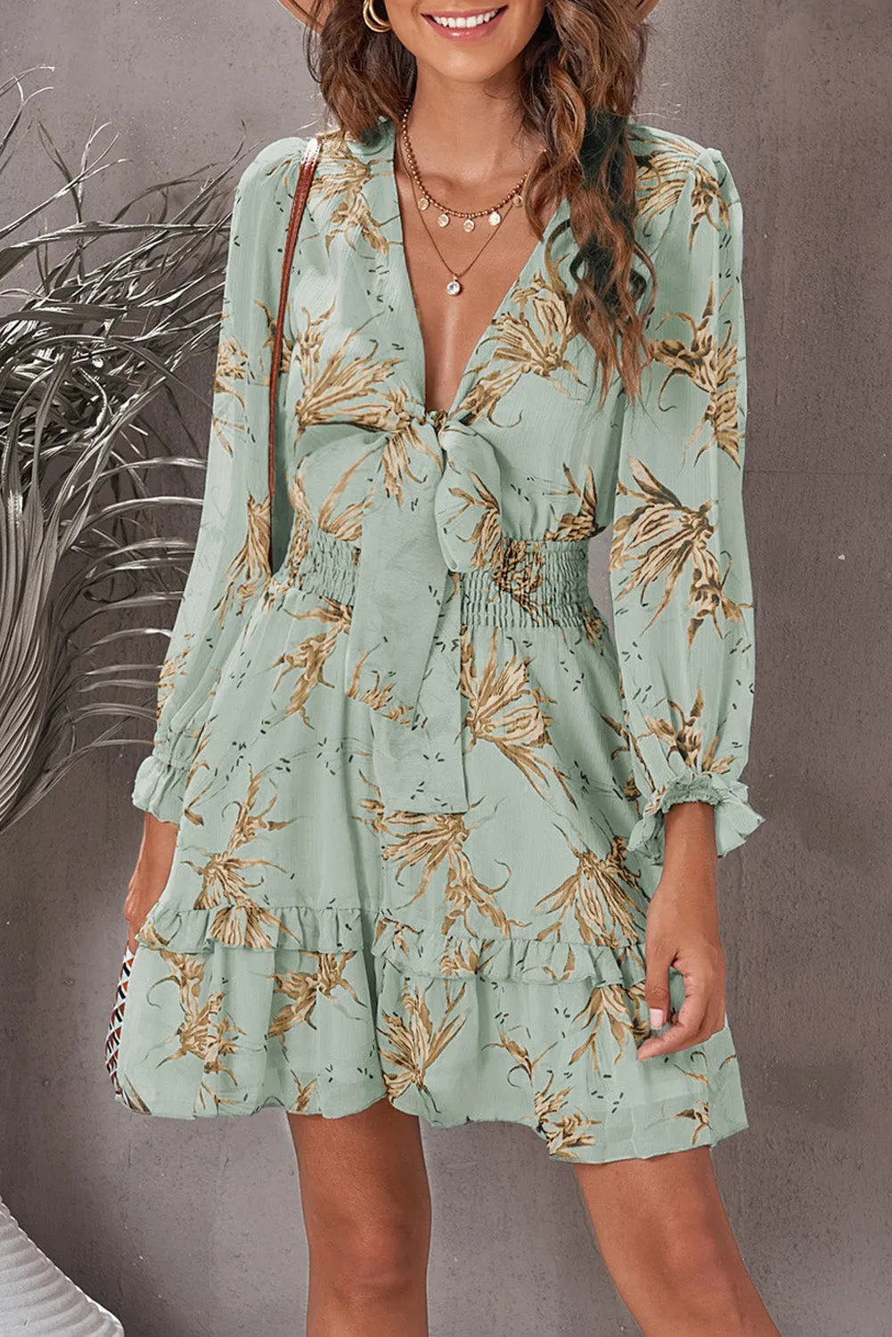Green/Sky Blue/Pink Deep V Neck Lantern Sleeve Knotted Tiered Mini Dress
