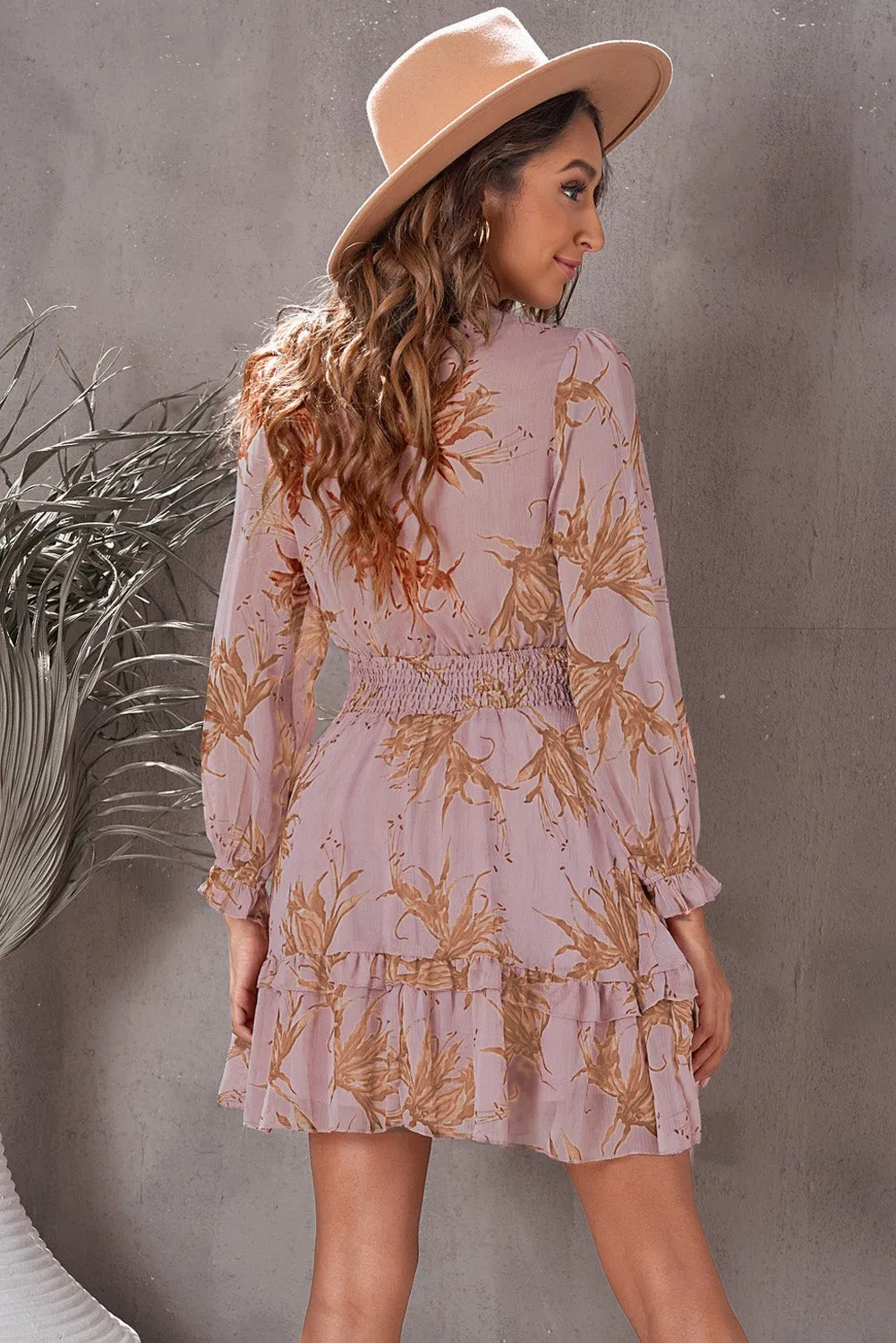 Green/Sky Blue/Pink Deep V Neck Lantern Sleeve Knotted Tiered Mini Dress