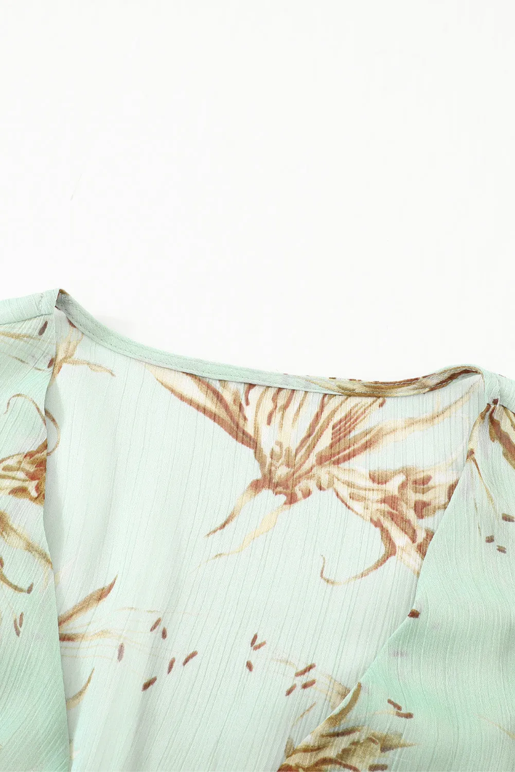 Green/Sky Blue/Pink Deep V Neck Lantern Sleeve Knotted Tiered Mini Dress