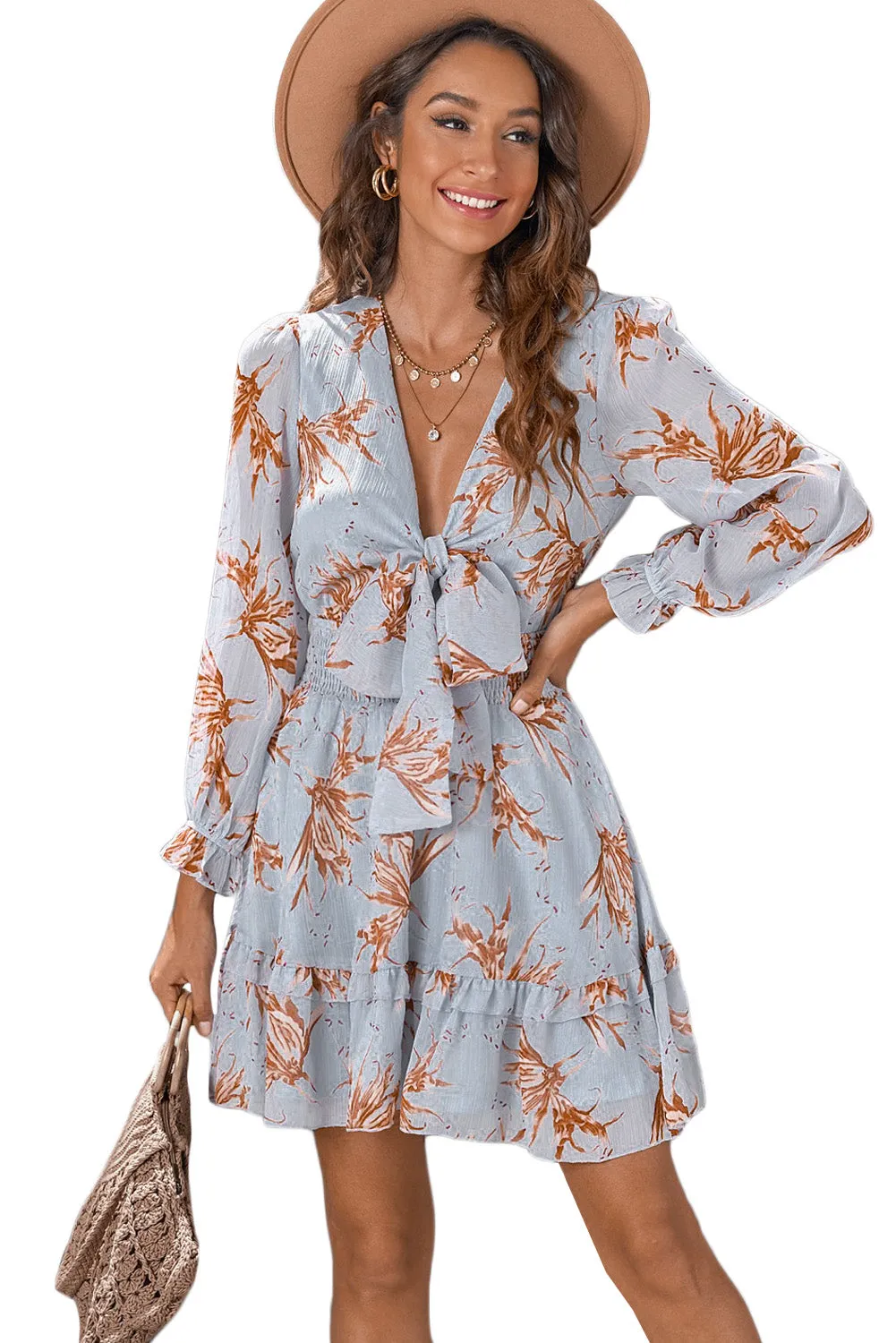 Green/Sky Blue/Pink Deep V Neck Lantern Sleeve Knotted Tiered Mini Dress