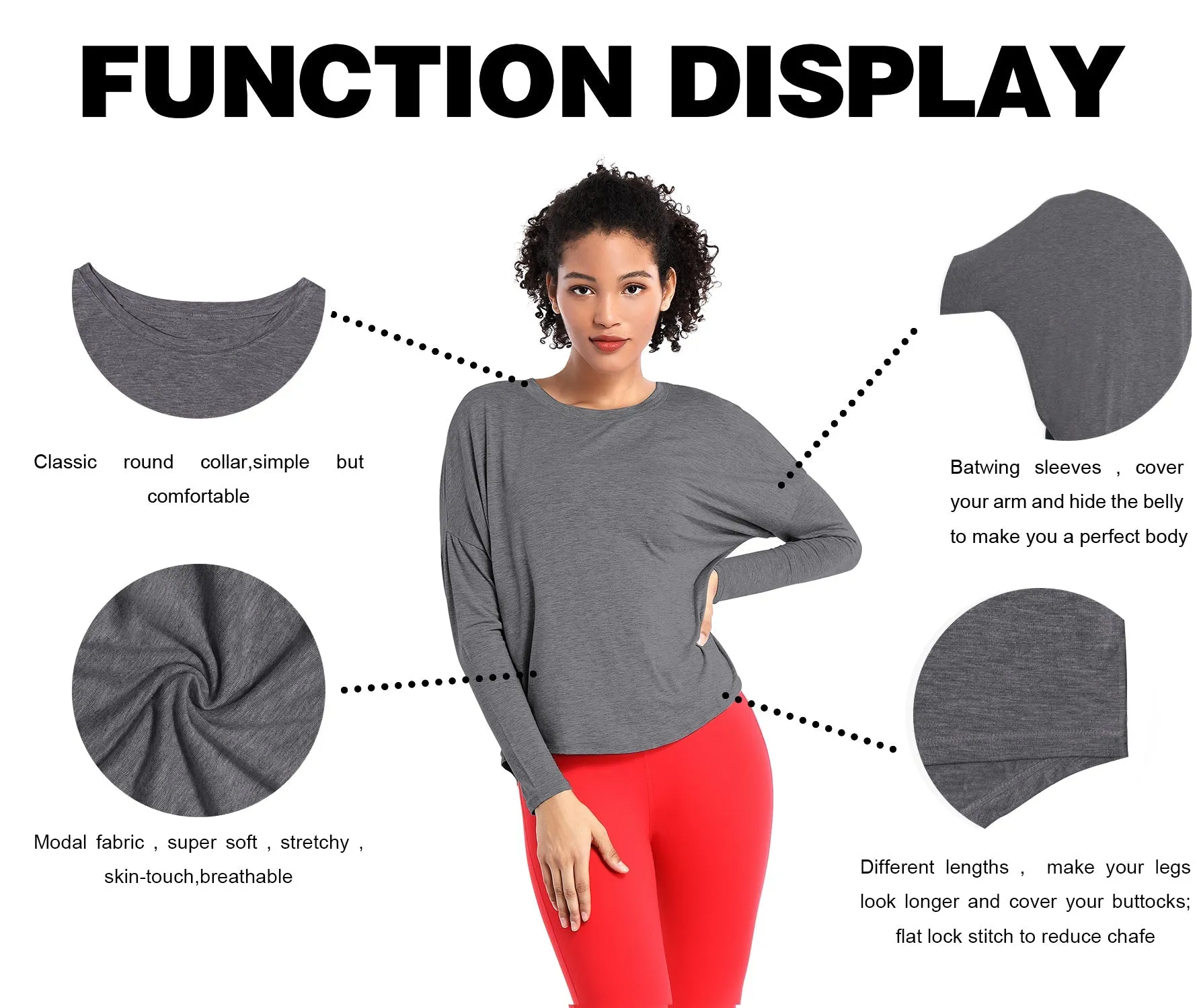 Gym Batwing Tunic Tops heathercharcoal_Gym
