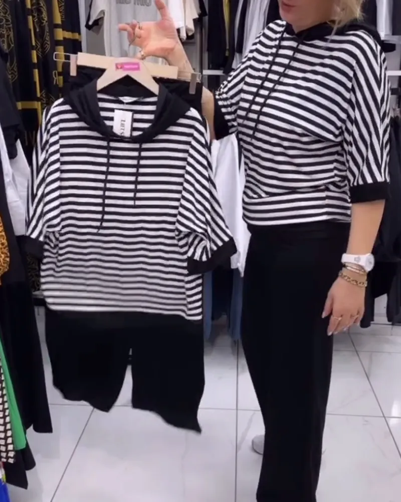 Hooded striped classic blouse