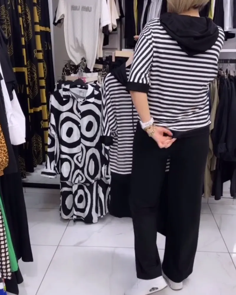 Hooded striped classic blouse