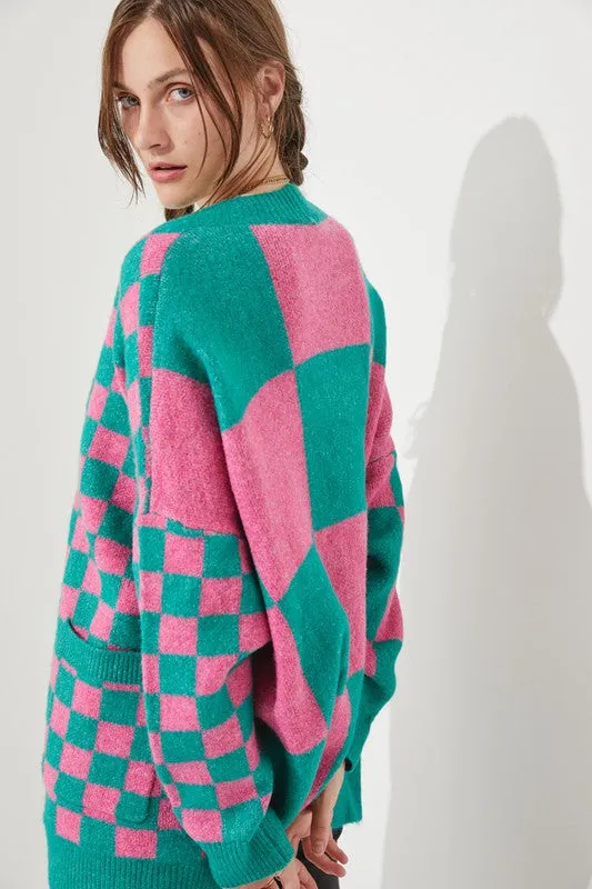 JADE by JANE Mocha/Beige Checkered Oversized Sweater