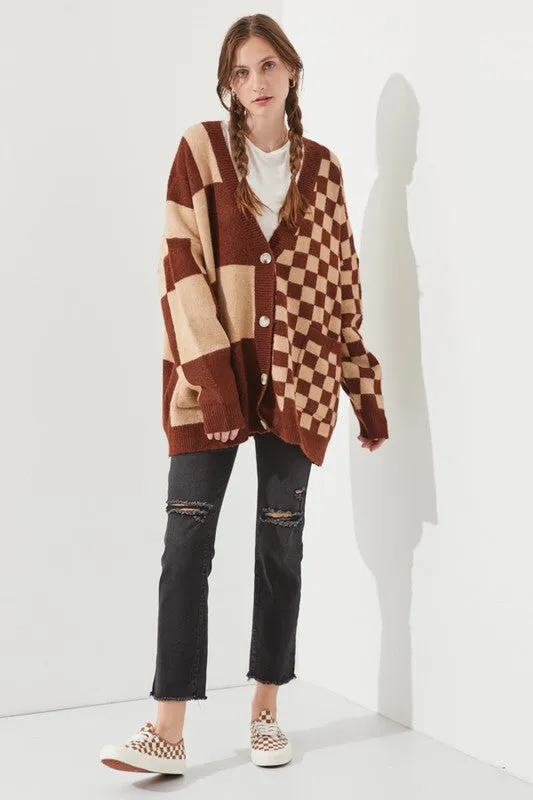 JADE by JANE Mocha/Beige Checkered Oversized Sweater