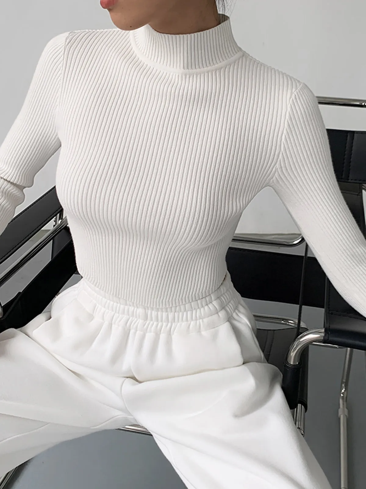 Knit Rib Long Sleeve Modern Mock Neck Crop Top