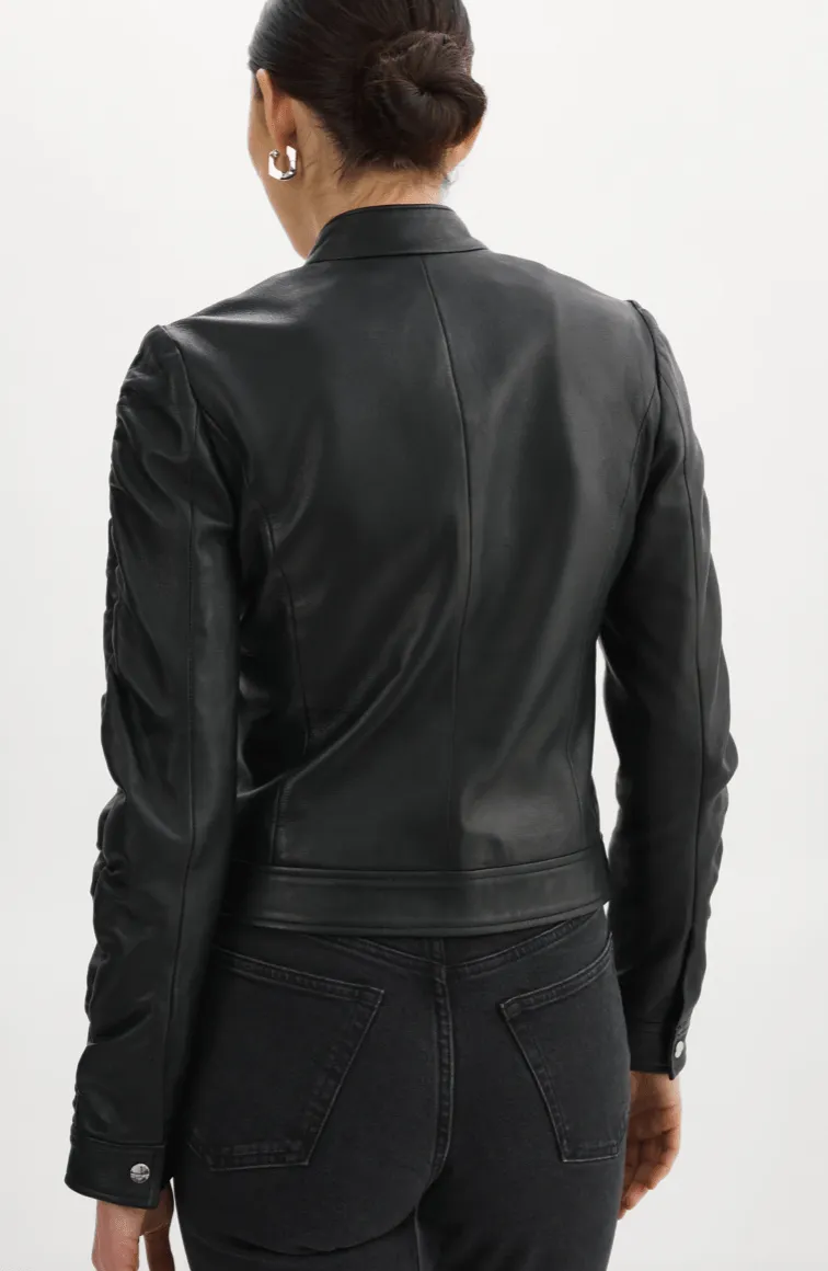 Lamarque Philana Ruched Leather Jacket in Black