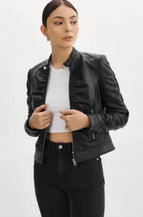 Lamarque Philana Ruched Leather Jacket in Black