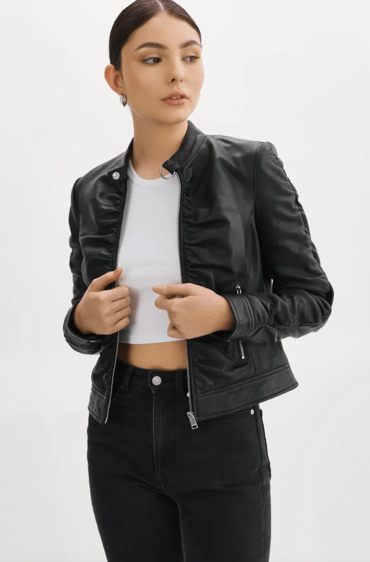 Lamarque Philana Ruched Leather Jacket in Black