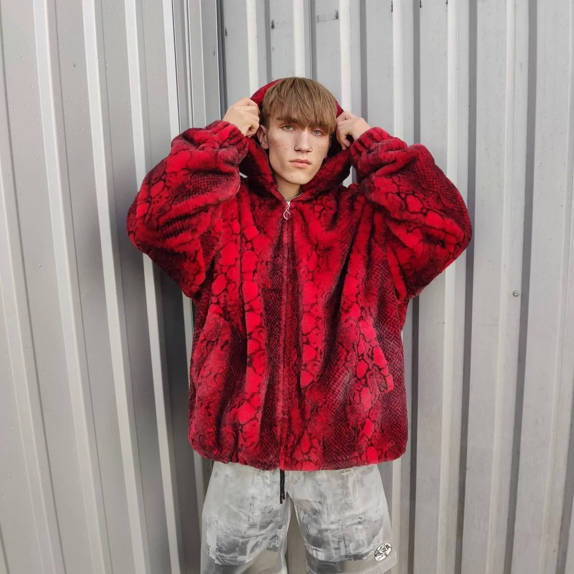 Luxury snake jacket faux fur python print bomber handmade fluffy catwalk fleece puffer premium grunge hooded coat in red black