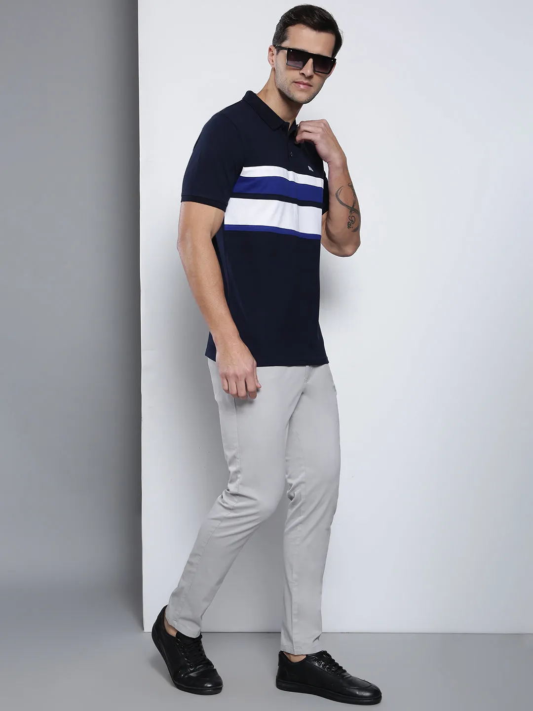 Men's Casual Slim Fit Polo Neck T-Shirt Stylish Half Sleeves T-Shirts Color Block Pattern Pure Cotton Polos