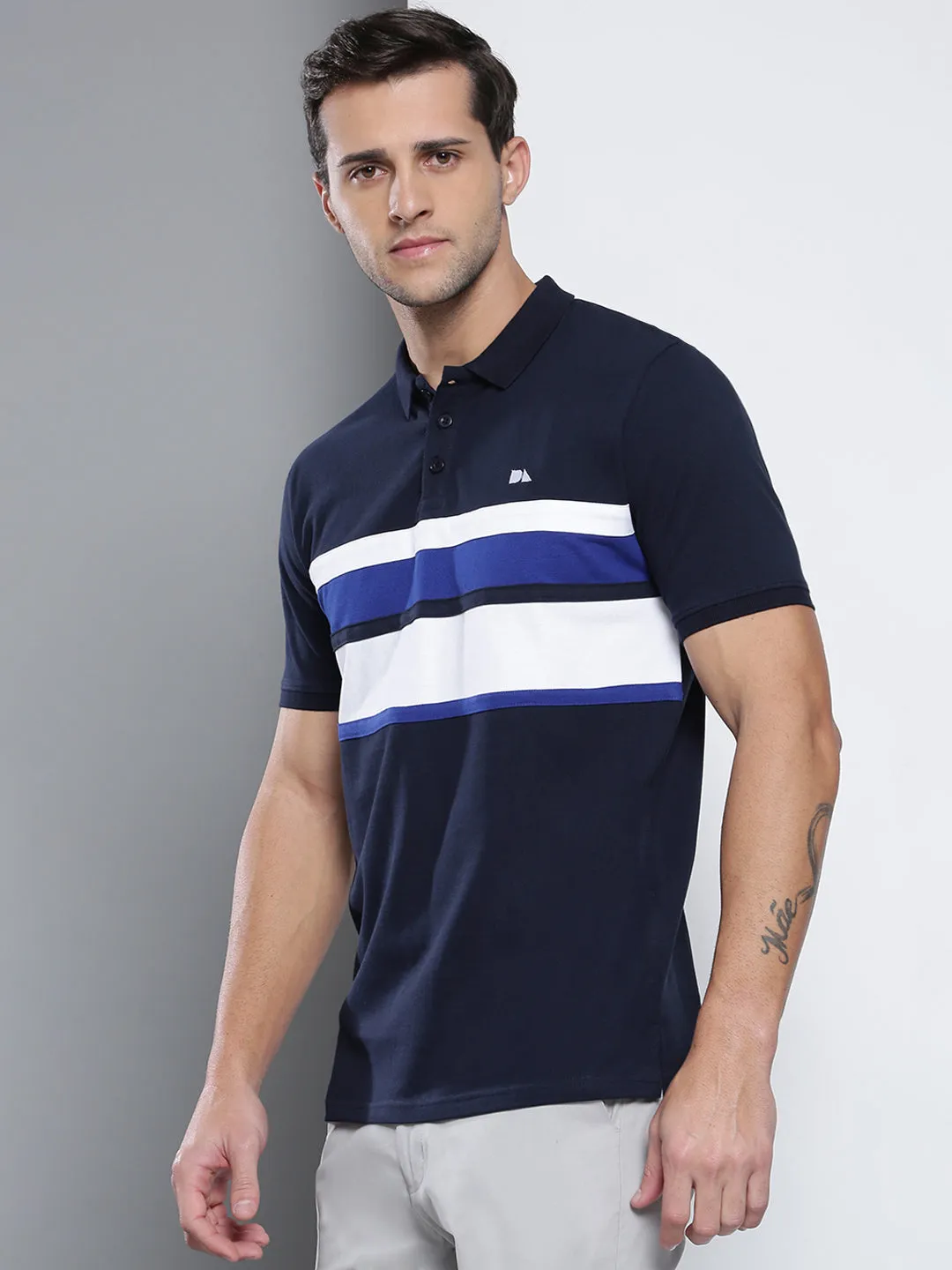 Men's Casual Slim Fit Polo Neck T-Shirt Stylish Half Sleeves T-Shirts Color Block Pattern Pure Cotton Polos