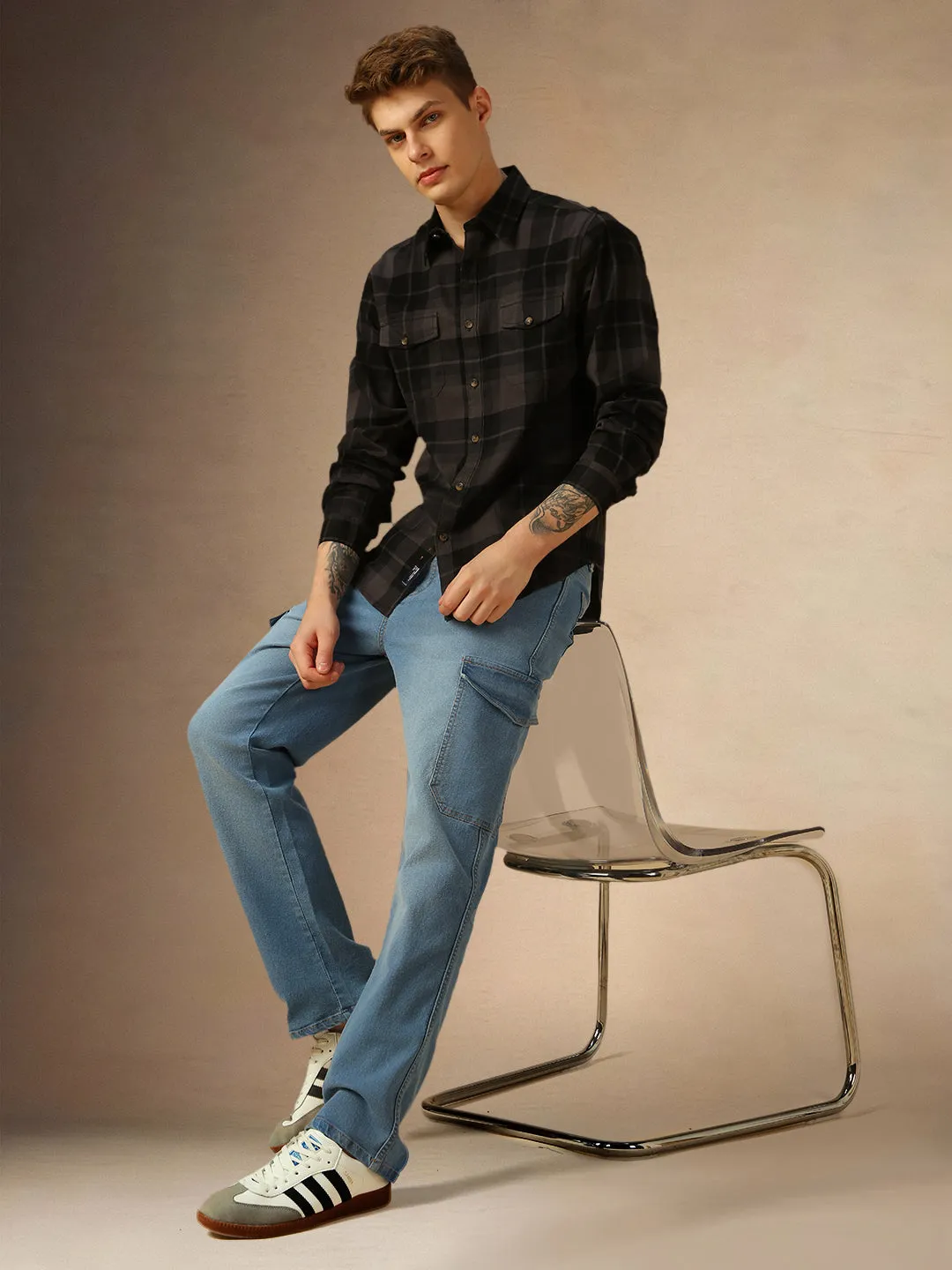 Men's Grey Checks Spread Collar Full Sleeves Shirt
