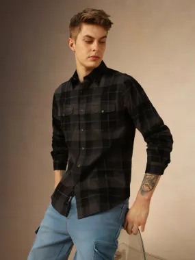 Men's Grey Checks Spread Collar Full Sleeves Shirt