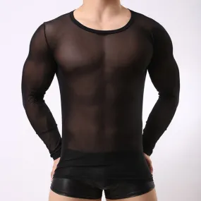 Mens Sexy Mesh Visible Breathable Slim Fit Crew Neck Long Sleeve T-shirt