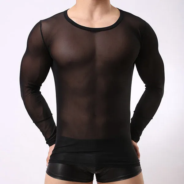 Mens Sexy Mesh Visible Breathable Slim Fit Crew Neck Long Sleeve T-shirt