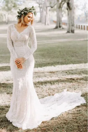 Mermaid V-Neck Backless Long Sleeves Lace Elegant Wedding Dress PFW0435