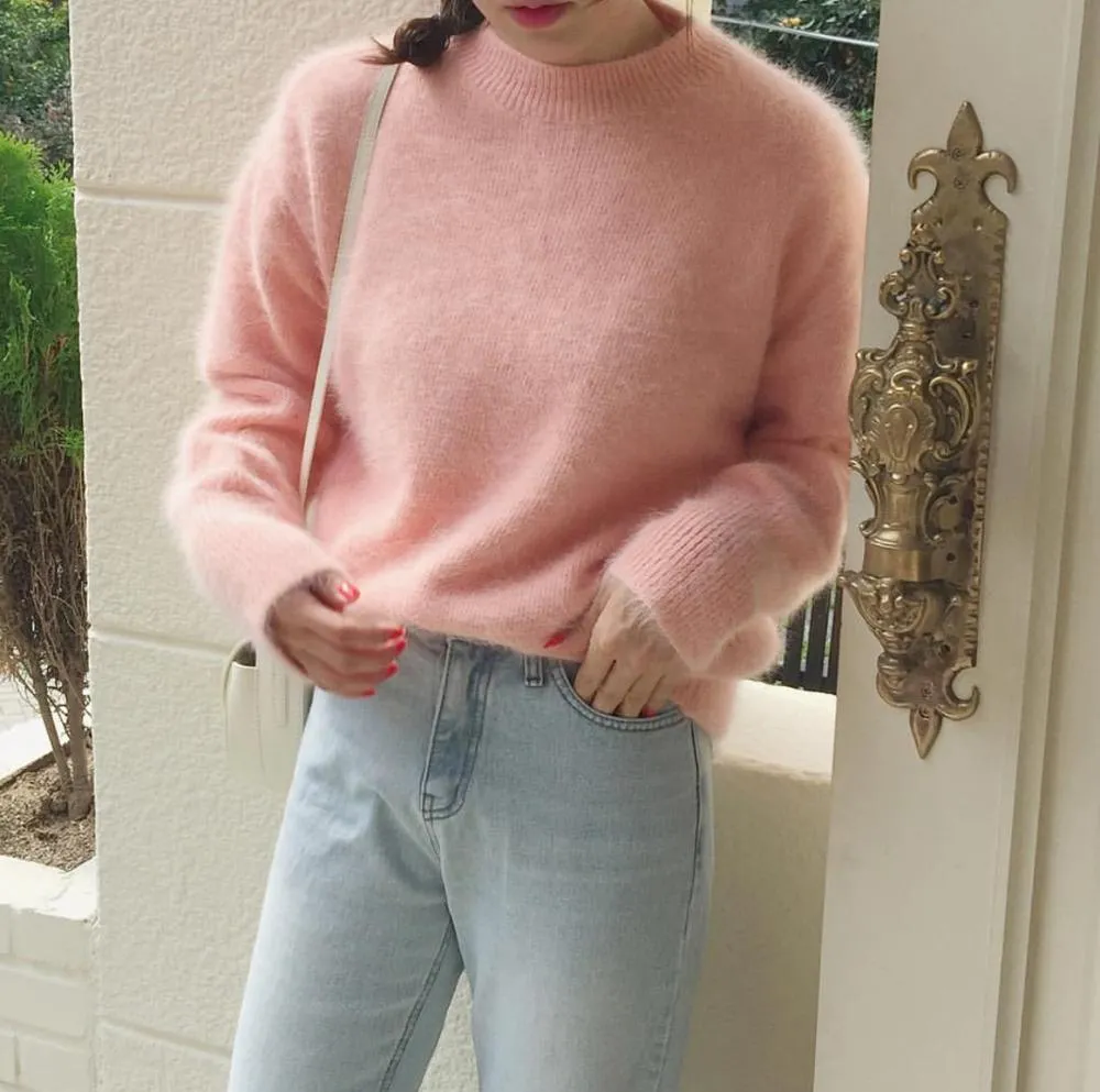 Mohair Women Knitted Sweater Jumpers Autumn Winter Mink Cashmere Soft Warm Long Sleeve All-Match Pullovers Mujer