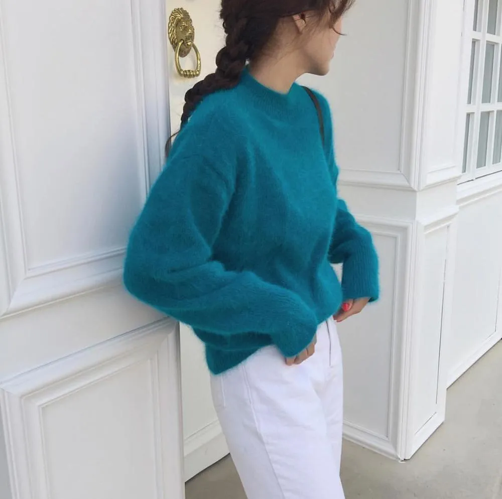 Mohair Women Knitted Sweater Jumpers Autumn Winter Mink Cashmere Soft Warm Long Sleeve All-Match Pullovers Mujer