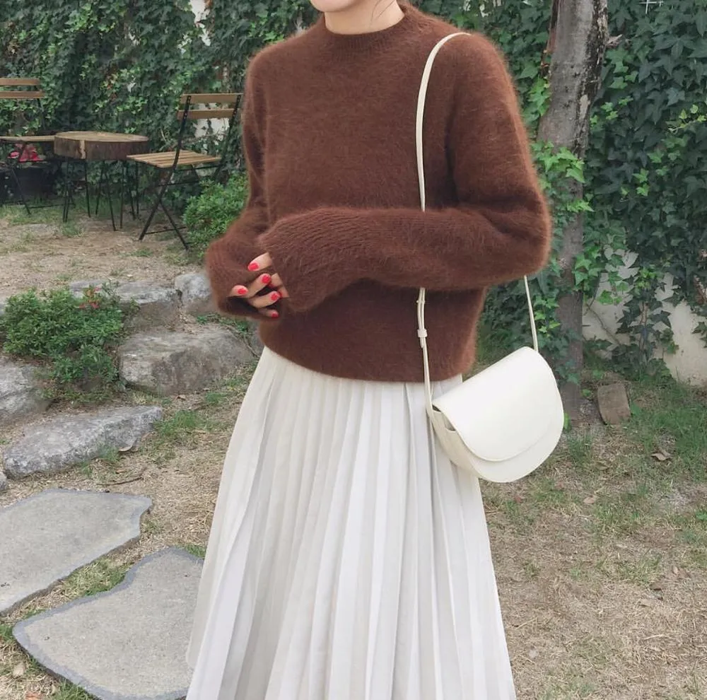 Mohair Women Knitted Sweater Jumpers Autumn Winter Mink Cashmere Soft Warm Long Sleeve All-Match Pullovers Mujer